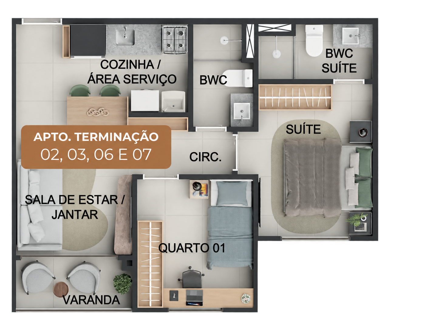 Planta de 44,25 m² — 2 quartos