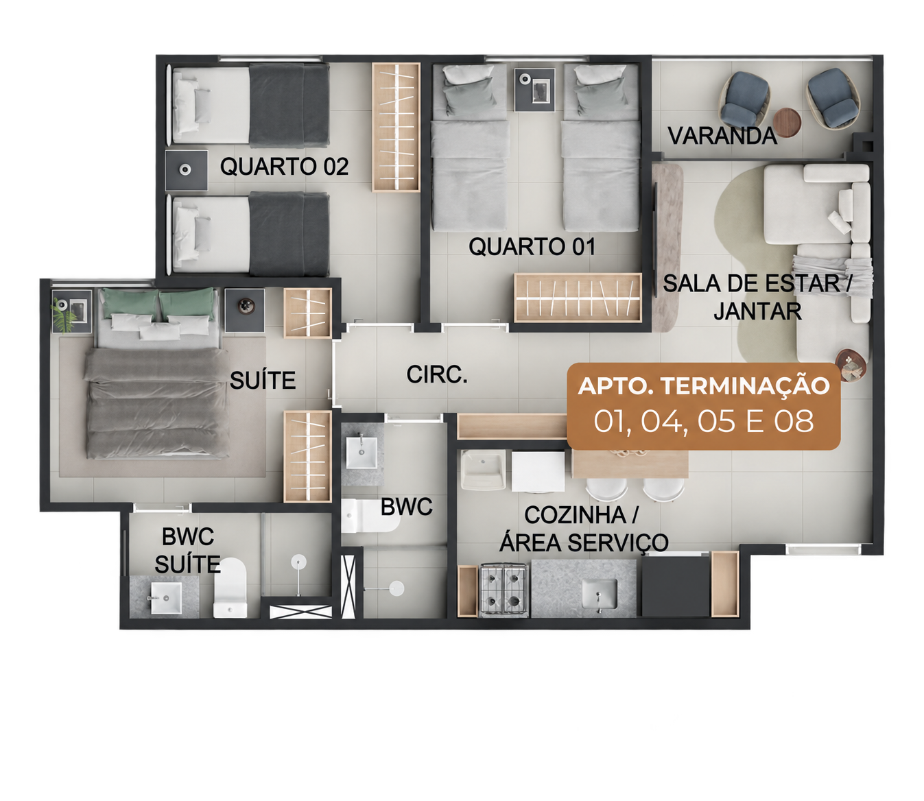 Planta de 54,24 m² — 3 quartos